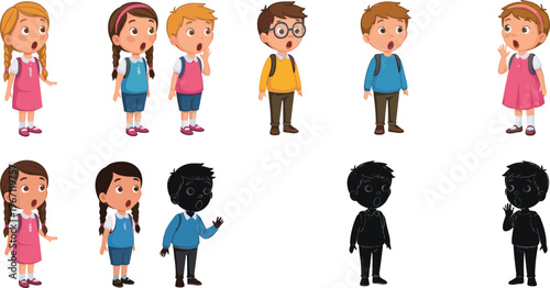 Surprised children vector illustration, kids shocked expression cartoon design, school students reaction clipart, emotional child silhouette set, education character artwork design