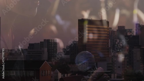 singer performing on stage initiating blending of performance and urban skyline in music montage