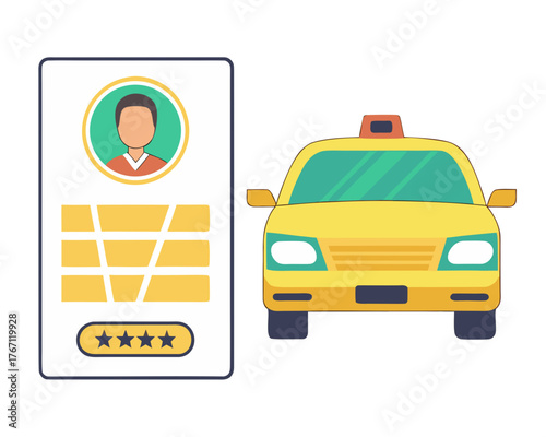 Modern ride hailing app driver profile card and yellow taxi illustration vector vector