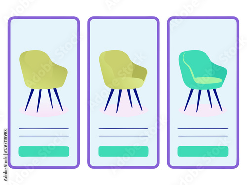 Modern furniture e-commerce app ui design glowing chair product cards scalable vector illustration vector