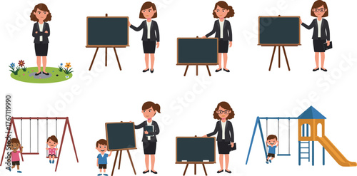 Teacher explaining on blackboard, kids playing on swing, children outdoor playground, school education concept, classroom learning, fun activity vector