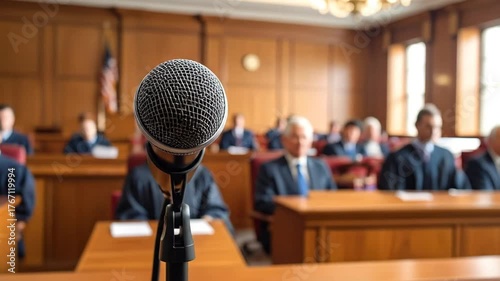 Courtroom Microphone Focus with Judges and Lawyers Present