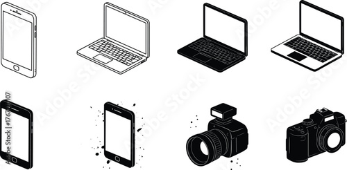 Technology devices illustration, smartphone and laptop icons, modern digital gadgets, camera equipment, electronic design, tech communication, photography tools, creative vector set