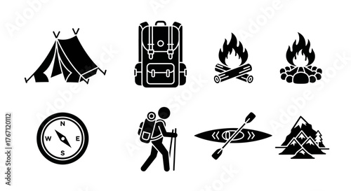 Essential Outdoor Adventure and Camping Icons Set Explore Nature, Hike Trails, and Enjoy Wilderness Activities Vector Graphics