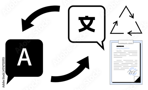 Circular flow between text symbols, document, and arrows suggesting translation or language conversion. Ideal for communication, translation, globalization, workflow, education, exchange