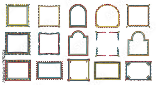 A colorful set of hand-drawn decorative frames with ethnic and folk art patterns. Collection of isolated vector borders for design elements