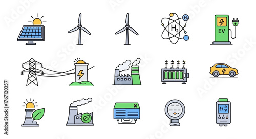 Renewable energy sources and electric vehicle charging stations, concept illustration