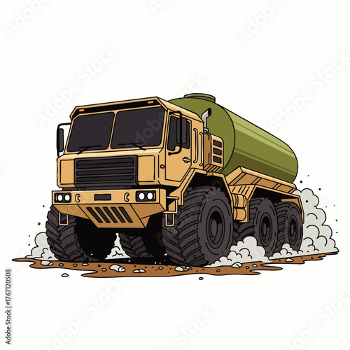 An illustration of a large military tanker truck, designed with an off-road capability, moving across a dirt path with dust.