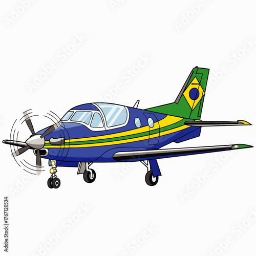 A vibrant cartoon illustration showcases a Brazilian-themed airplane, perfect for travel or aviation-related designs, set against a clean white background.