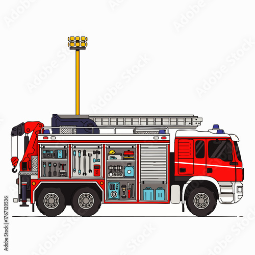 A detailed illustration of a red fire truck, equipped with a ladder, lights, and various tools, ready for emergency response.