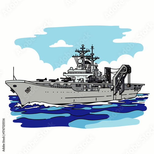 An illustrated depiction of a naval research vessel sailing across the ocean under a bright, cloudy sky, exploring the sea.