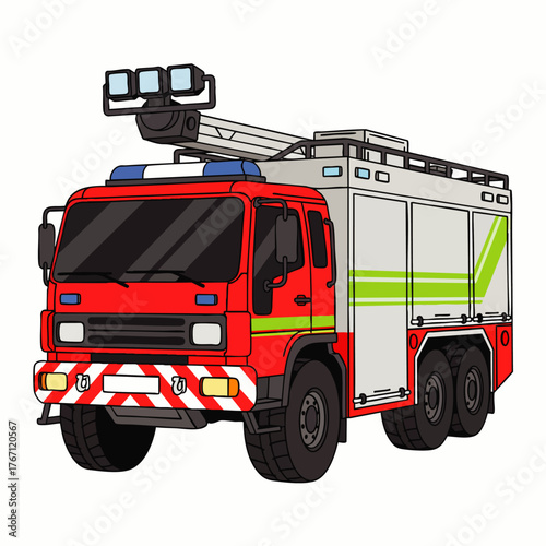 A vibrant illustration showcases a detailed fire truck, ready to respond to emergencies, emphasizing safety and rescue operations in the community.