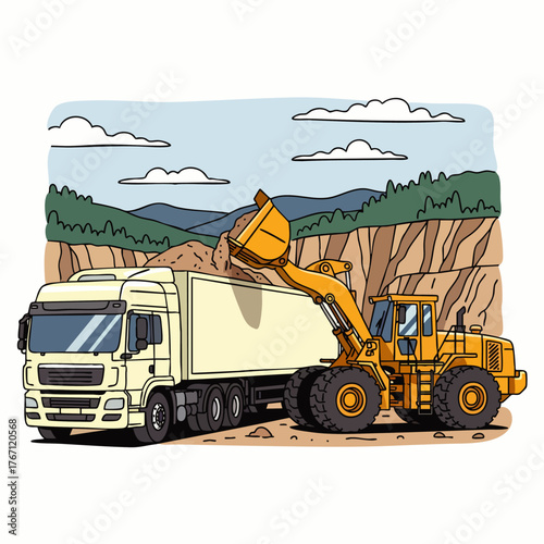 A vibrant illustration depicts a yellow loader filling a truck with gravel, set against a backdrop of a quarry and rolling hills under a cloudy sky.
