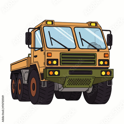 A detailed illustration of a heavy-duty, off-road military truck, designed for transporting cargo and navigating challenging terrains.