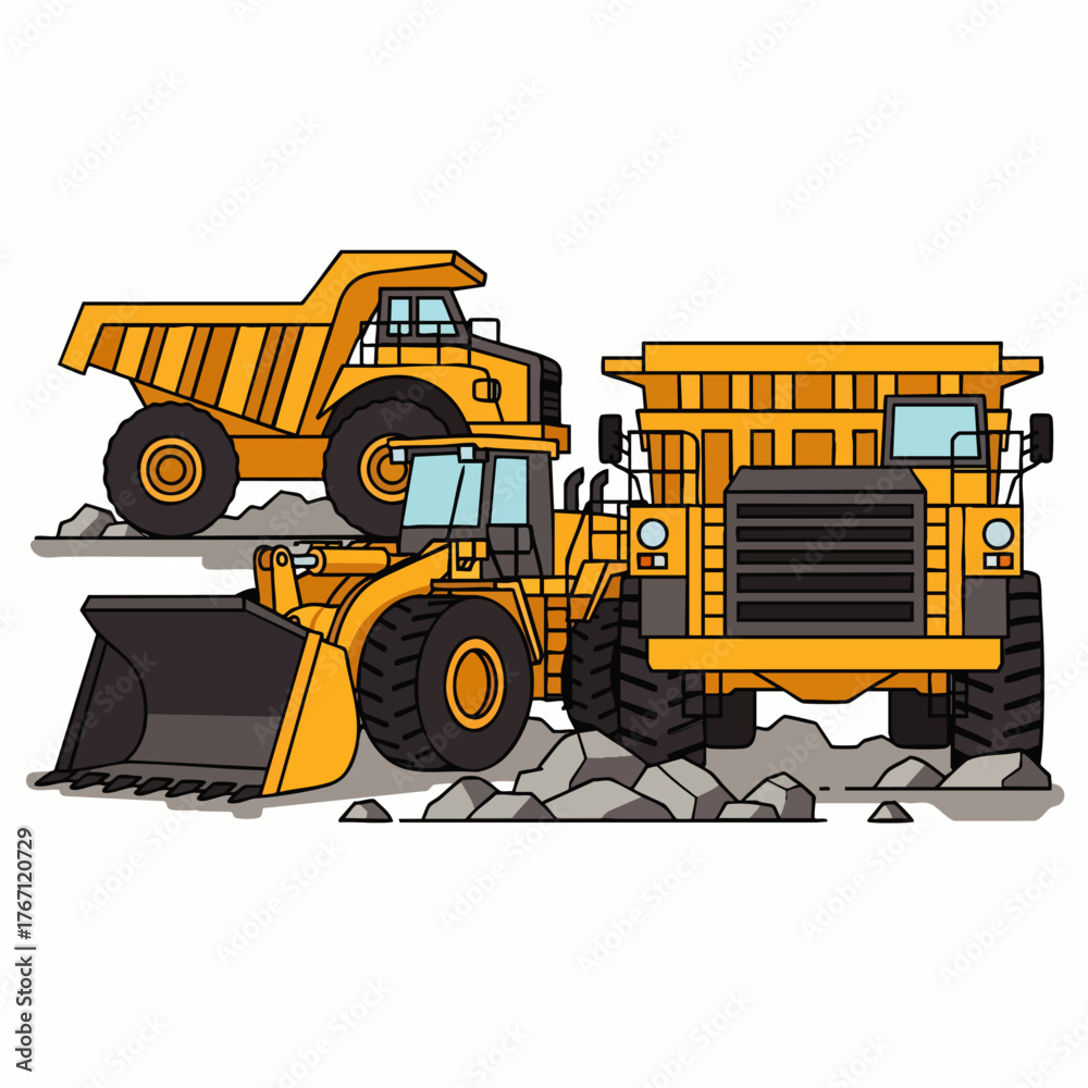 Obraz premium Illustration of heavy construction vehicles, including a dump truck and a front-end loader, ready for mining or earthmoving tasks.