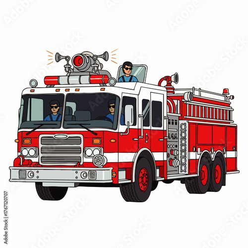 A vibrant illustration of a fire truck with crew members inside, ready to respond to emergencies and serve the community.