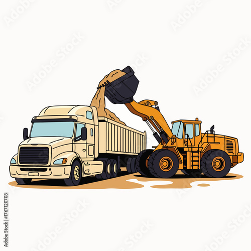 A front-end loader is shown filling a semi-truck with sand, illustrating construction, transport, and industrial processes against a clean background.