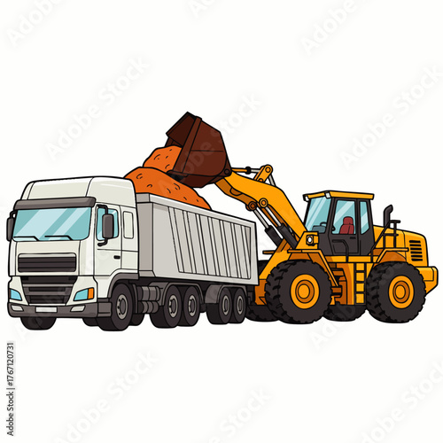 A vibrant illustration captures a yellow excavator loading a white dump truck with material, showcasing construction and transport.