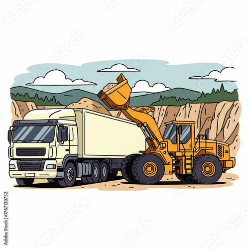 A construction scene shows a loader filling a truck with sand at a quarry, illustrating industry and transport activities in a vector style.