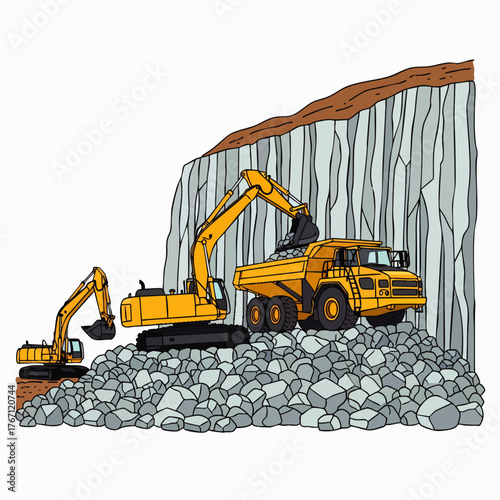 An illustration depicts heavy machinery, including excavators and a dump truck, working at a quarry site, extracting and transporting resources.