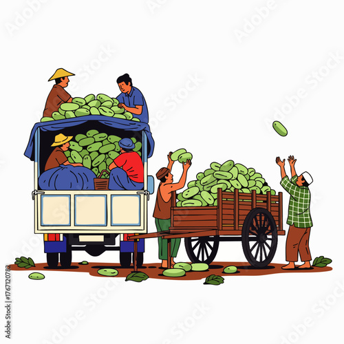 A vibrant illustration captures farmers loading a truck and cart with a bountiful harvest of fresh, green produce, showcasing agricultural work.