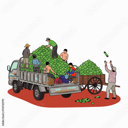 Illustration depicts workers loading a truck with freshly harvested green produce, showcasing agricultural labor and harvest season.