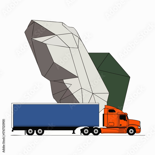 A stylized semi-truck transports abstract geometric rock formations, symbolizing industry and the movement of materials in a modern context.
