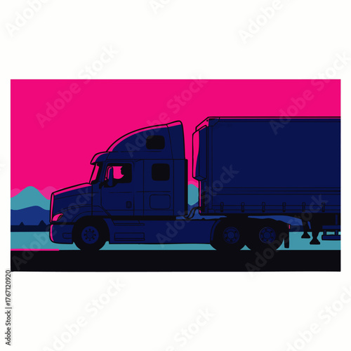 A stylized illustration showcases a semi-truck silhouette against a vibrant pink and blue sunset, symbolizing transport and travel.