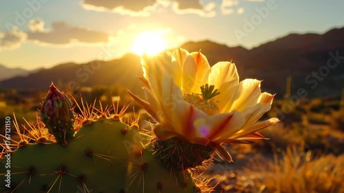 Desert Cactus Flower Blooming at Sunset, Golden Hour.