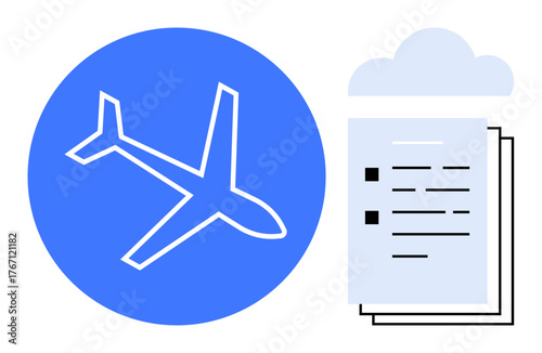 Airplane inside a blue circle with overlapping documents and a cloud in the background. Ideal for travel, aviation, logistics, documentation, planning, business, cloud storage. Simple flat metaphor