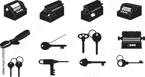 Vintage key and lock tool silhouette set, mechanical equipment icons, locksmith instruments, retro key machine collection, isolated vector illustration