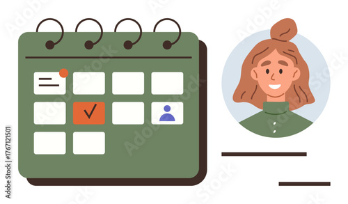 Spiral calendar with marked dates, user profile picture, and blank text lines for notes. Ideal for scheduling, planning, organization, productivity, task setting, time management simple flat