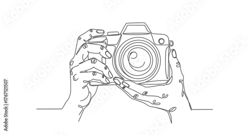 One Line Art Hands Holding Camera - Minimalist Photography Vector