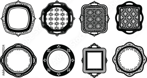 Vintage ornate serving tray silhouette collection, decorative retro platter vector set, antique metal tray outline, classic kitchen design illustration