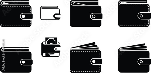 wallet icon set, leather purse symbol, money holder illustration, finance and banking design, savings concept, cash storage vector, business accessory
