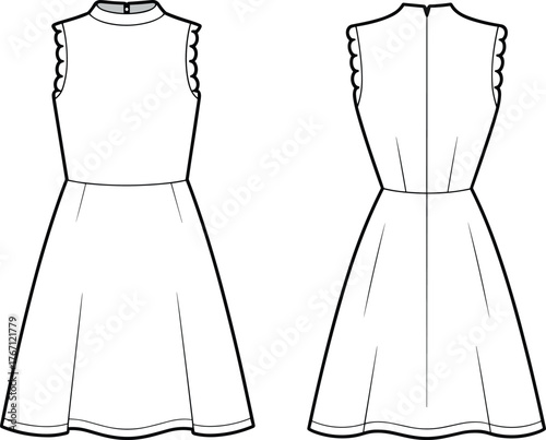 Women sleeveless high neck dress flat sketch, elegant apparel design, fashion vector template, front and back technical drawing illustration