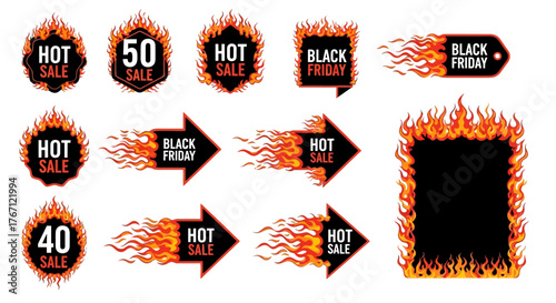 Fiery Hot Sale Vector Set of Burning Tags, Arrows, and Frames for Promotions