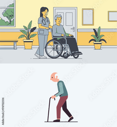 Flat Style Vector Illustration of Elder Care and Mobility Support