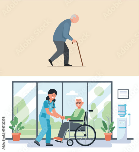 Flat Vector Illustration of Senior Care and Medical Assistance Scenes