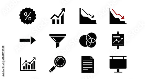 Set of business icons with financial charts, growth, decline, and data analysis symbols