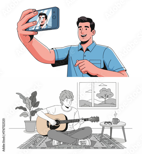 Modern Flat Vector Illustration of Male Characters in Color and Monochrome Scenes