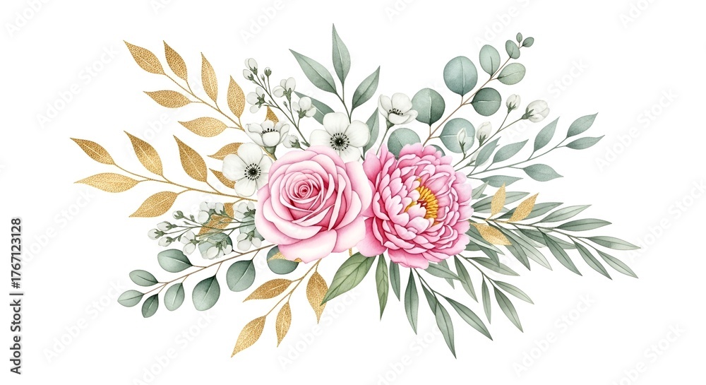 Fototapeta premium Elegant Watercolor Floral Arrangement with Roses, Peonies and Golden Leaves