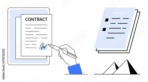 Hand stamping contract, layered documents, abstract pyramids. Ideal for business, legal agreement, signature, approval process, contract management, documentation simple flat metaphor