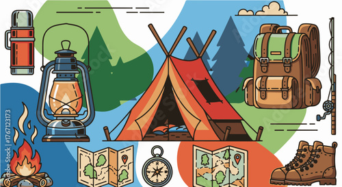 Flat Design Camping and Hiking Essentials Vector Art on Outdoor Background