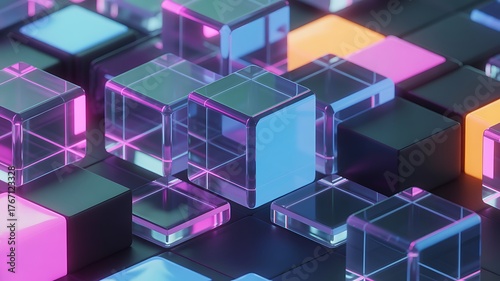 3D abstract digital art, floating neon glass cubes, blue-pink-orange gradient, cyber-tech style, sharp reflections, futuristic depth