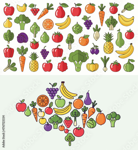 Flat Outline Fruit Vegetable Icon Collection on White and Green Backgrounds