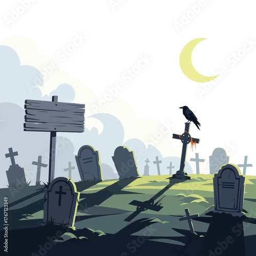 Eerie Graveyard Scene with Raven and Moonlit Tombs.