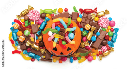Halloween Pumpkin Basket Overflowing with Assorted Candies and Sweets.