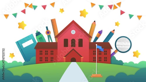 School building surrounded by supplies colorful cartoon style back to school education concept high quality professional