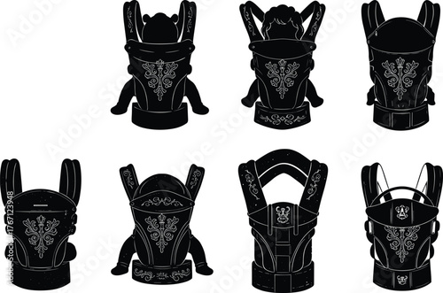 Baby carrier vector set, decorative babywearing silhouette, infant sling with pattern, parenting gear, ergonomic design, childcare accessory